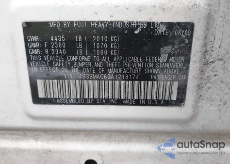 2010 Subaru Legacy 2.5I Premium z USA, uszkodzony, nr VIN 4S3BMAG62A1218174